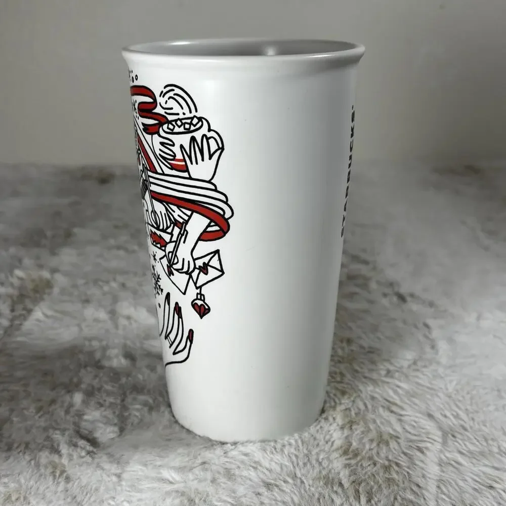 Starbucks Holiday Ceramic Travel Mug 12 oz Red White Green Tumbler w/ Lid